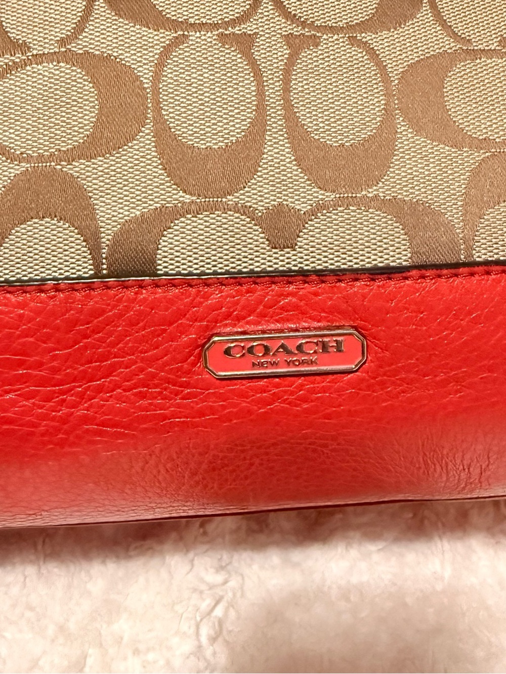 Coach Beige Signature Canvas Satchel with Red Leather Trim - Picture 12 of 16